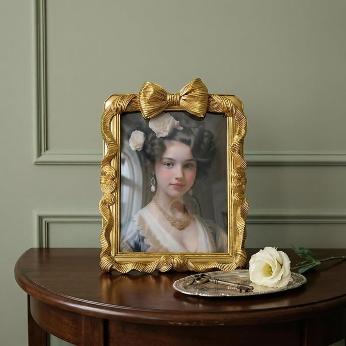 8x10 Picture Frame Gold Bow Frames, Vintage 8 by 10 Photo Frame with Bowknot Design, Ornate Handcrafted Resin Antique Frame with Glass Front for Wall and Tabletop Display, Home Decor, Gift Ideas