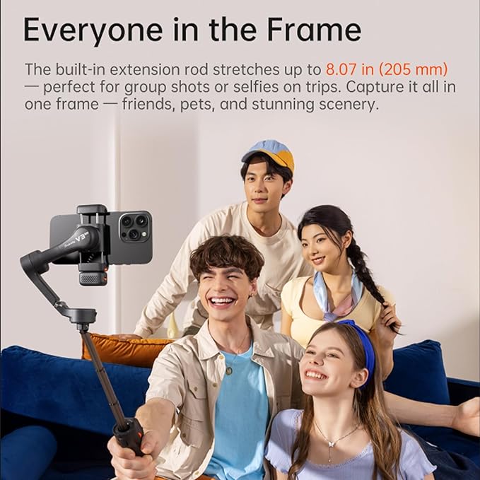 Hohem iSteady V3 Ultra Gimbal Stabilizer for iPhone, 3-Axis Phone Gimbal, Magnetic AI Tracker, Built-in Extendable Rod & Tripod, 10m Remote Control, Touchscreen Stabilizer for iPhone & Android (Black)