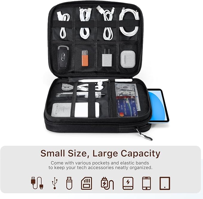 Dadanism Electronics Travel Organizer Case, Double Layers Cord Organizer Travel All-in-One Storage Bag for Cable, Cord, iPad, Chargers, fits 9-11'' Tablets, Portable Tech Accessories Bag, Black