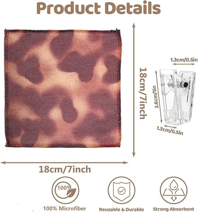 8-Pack Ultra-Fine Microfiber Kitchen Towels, 7-Inch Square with 8 Clips & Multiple Patterns – Soft, Absorbent, Reusable Cleaning Cloths (Tortoise Shell Pattern)