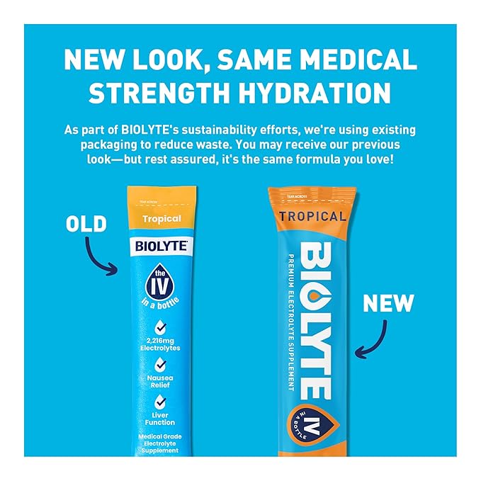 BIOLYTE IV Electrolyte Powder Packets, IV Liquid Drink Mix for Water, Doctor-Developed Hydration, Approved Dehydration Relief, Chemotherapy Must Haves for Women & Men - Tropical (16 Sticks)