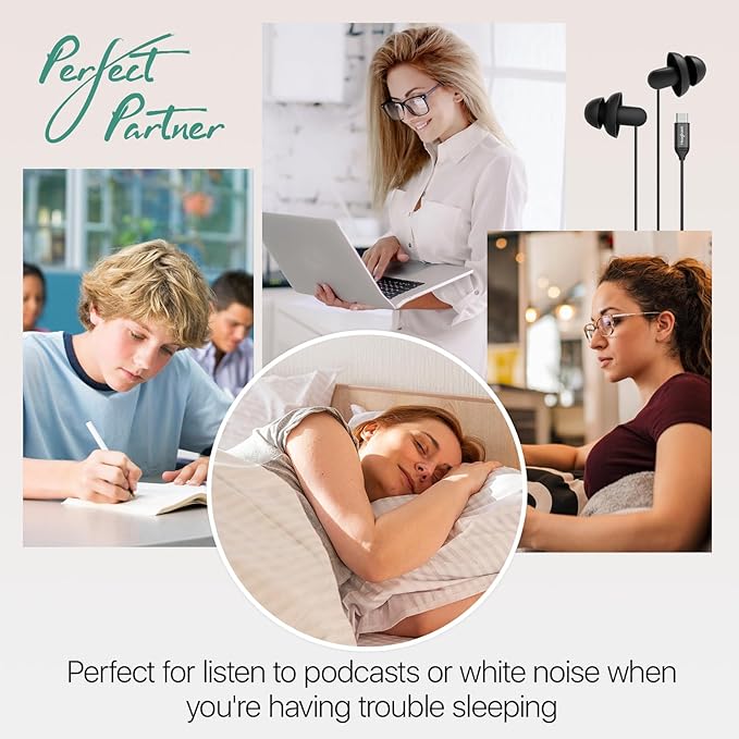 Hearprotek Sleep Headphones, 1 Pair USB C Wired Earbuds with Soft Silicone Noise Reduction Type C Earbuds with Microphone, Ideal for Sleeping, snoring, Relaxation (Black)