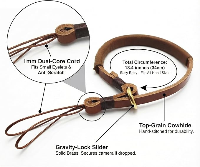 Leather Camera Wrist Strap - Handmade Top-Grain Hand Strap for Ricoh GR III/IIIx, Fuji X100VI/V, Sony RX100 VII - Thin Vintage Film Camera Cuff for Street Photography