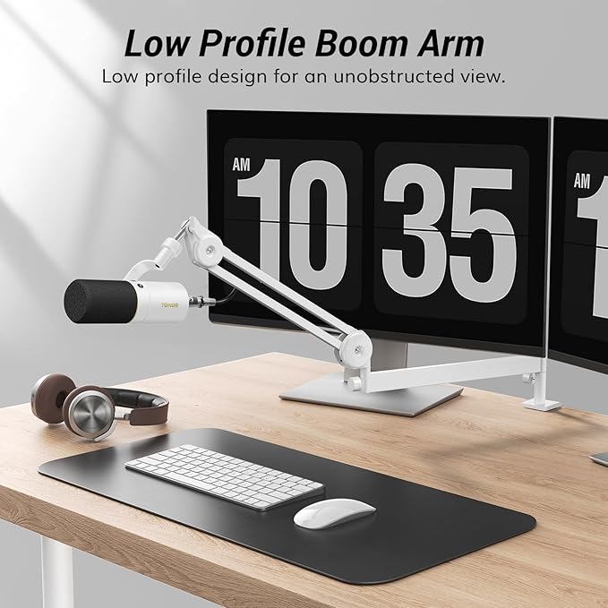 Tonor Mic Arm Desk Mount, Low Profile Boom Arm, Microphone Arm, Adjustable Mic Stand with Desk Mount Clamp, Cable Management, 3/8’’ and 5/8’’ Screwadapter for Most Microphone, White, T40LP