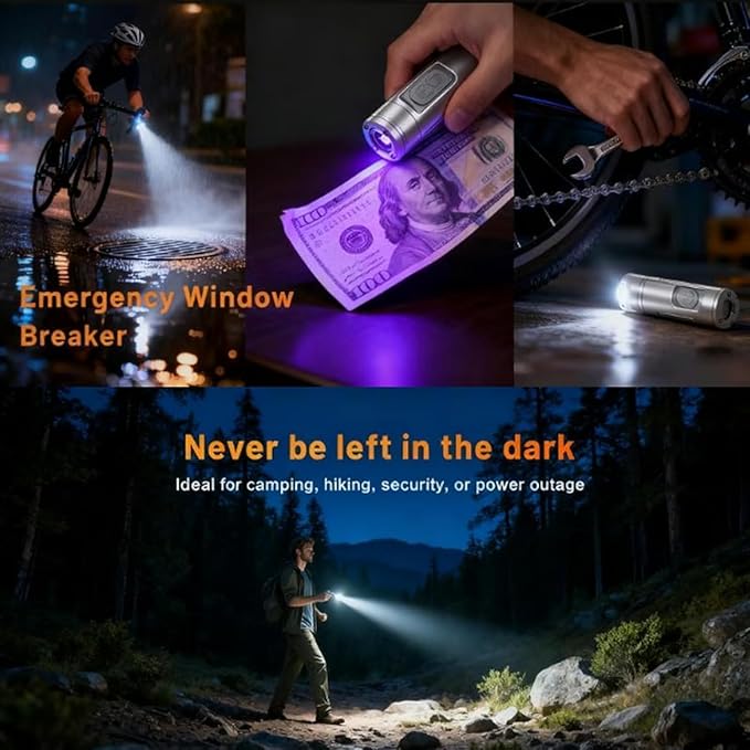 Pocket Rechargeable EDC Flashlight: 500 Lumens Mini Keychain Light with Fire Starter & Window Breaker, 3 Color Sidelights, for Camping, Everyday Carry (White)