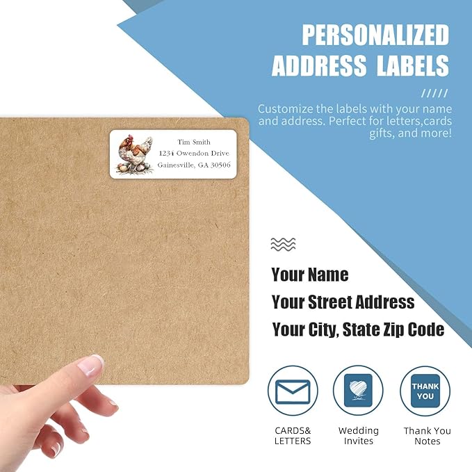 Address Labels Personalized Return Address Labels, 2.6" x 1" Farm Chicken Custom Mailing Label for Envelopes (30-1200) Customized Self Adhesive Stickers Printable Mail Envelope Adress Label, White