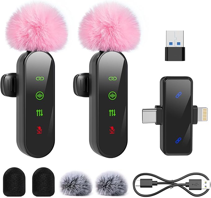 ZealSound Mini Microphone for iPhone with LED Display,Wireless Lavalier Mic with USB-C/Lightning/USB - Noise Reduction & Echo Effect,6 Windscreen Furry Muff Mics for TikTok,Podcast,ASMR,YouTube Videos
