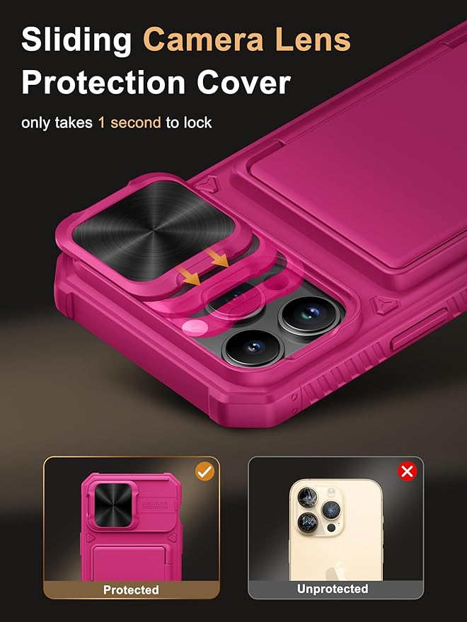 Vihibii for iPhone 14 Pro Max Case with Card Holder (4 Cards), [RFID Blocking] & Slide Camera Cover & Raised Edges Protect Screen, Military Grade Drop Protection, Rugged Wallet Case, 6.7", Hot Pink