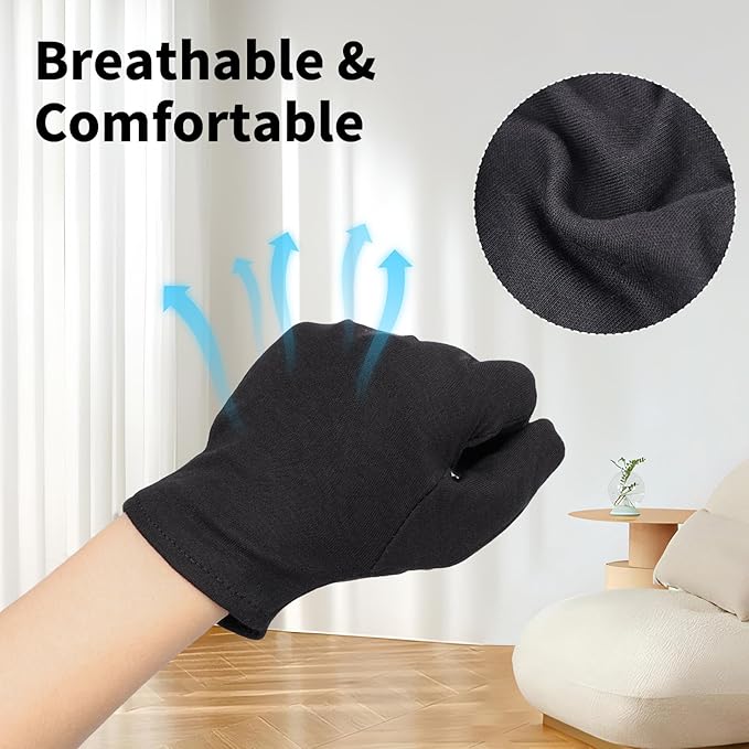 ENPOINT 5 Pairs Small Black Cotton Gloves for Dry Hands Sleeping, Black Work Gloves for Coin Handling, Jewelry, Photography for Men and Women, with 20 Touchscreen Stickers