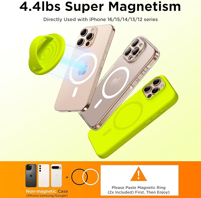 Magnetic Phone Grip Ring Holder, Liquid Silicone Magnet Cell Phone Grip Finger Loop, Compatible with Magsafe, Back of Phone for iPhone 17/16/15/14/13/12 Series, Neon Yellow