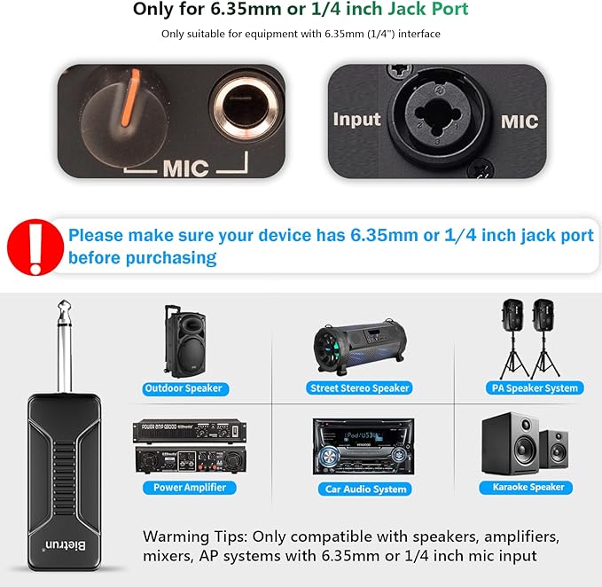 Bietrun UHF Wireless Microphone with 1/4'' Plug Rechargeable Receiver, 160 Feet, Professional Metal Dual Handheld Cordless Dynamic Mic System for Karaoke, Wedding, Singing, DJ, Party, Speech, Church