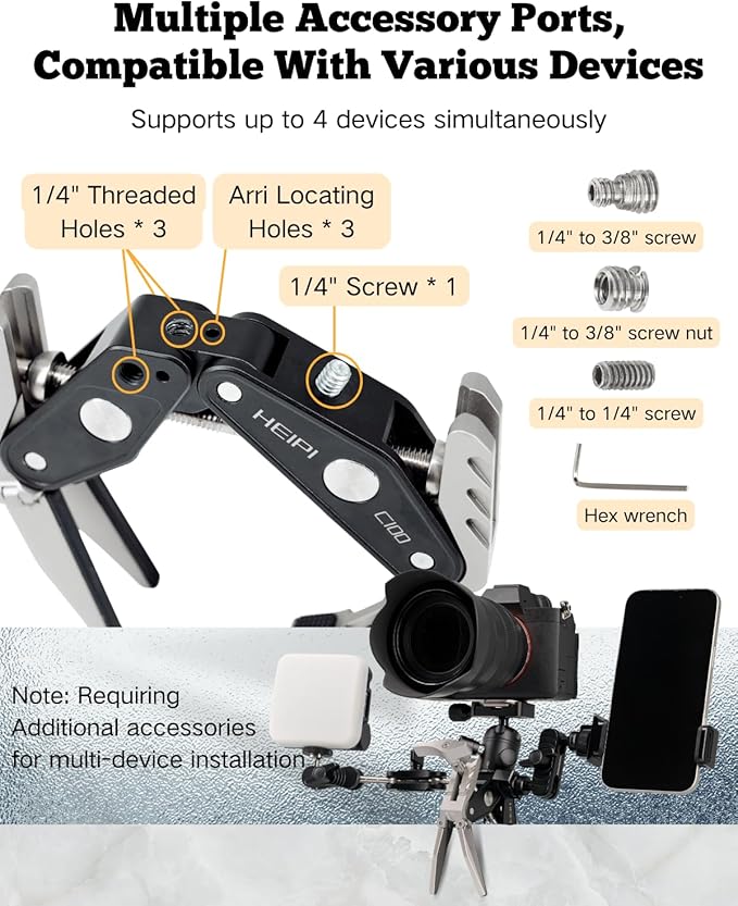 HEIPI Super Clamp Phone Camera Mount Holder 2-in-1 Clamp & Stand Design with 1/4"-20 & 3/8"-16 Screw Mount Adapter Holder Max Clamping 3.93 inch for Tripod Accessories, Phone, Action, DSLR Camera