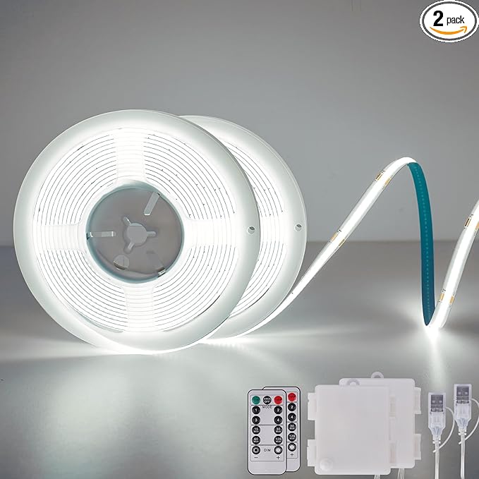 Battery Operated Light Strip, 6.56FT 640LED 6000K Cool White USB COB LED Strip Flexible Cuttable Dimmable Timer LED Light with Remote Control for Kitchen, Closet, DIY Backlight, Camping Gear (2 Pack)