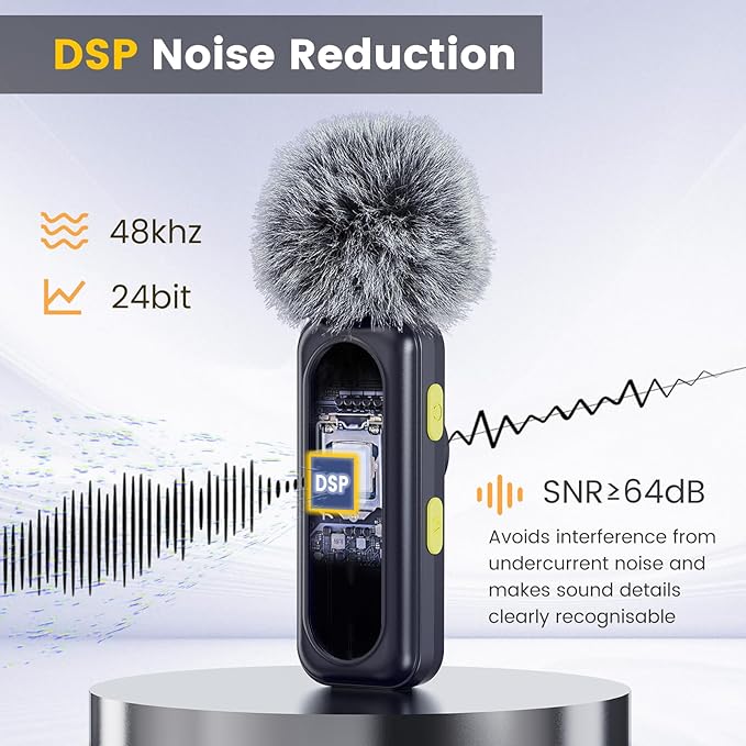 Wireless Lavalier Microphone with Digital Battery Display 360° Omnidirectional Noise Cancelling 100FT Range Rotatable Clip for iPhone 15/16 Android PC iPad Tablet