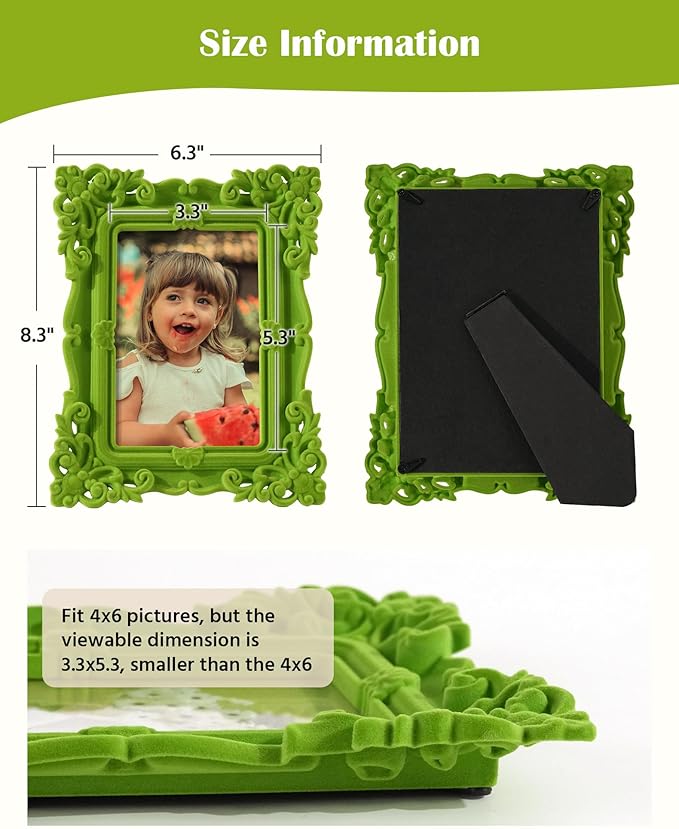 4x6 Ornate Photo Frame for Tabletop Shelf Desk Decor, Vivid Green Picture Frame for Horizontal or Vertical Display Family Photos Dog Cat Portrait Travel Snapshots (Lawn Green)
