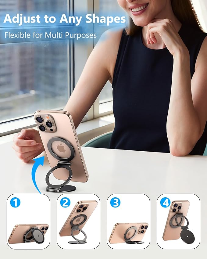 Dual Magnetic Phone Ring Holder for MagSafe, Compatible with 1/4" Screw Tripod Mount, Magnetic Phone Grip Kickstand for iPhone 17/16/15/14/13/12 Pro Max & All Phones