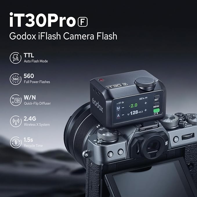Godox iT30Pro F iT30Pro-F Flash for Fuji, 2.4G Mini Fujifilm Flash HSS 1/8000s, 560 Full Power Flashes, TTL Auto-Exposure, 2.8" Full-Color Touchscreen, Built-in Diffuser and Lithium Battery(Black)