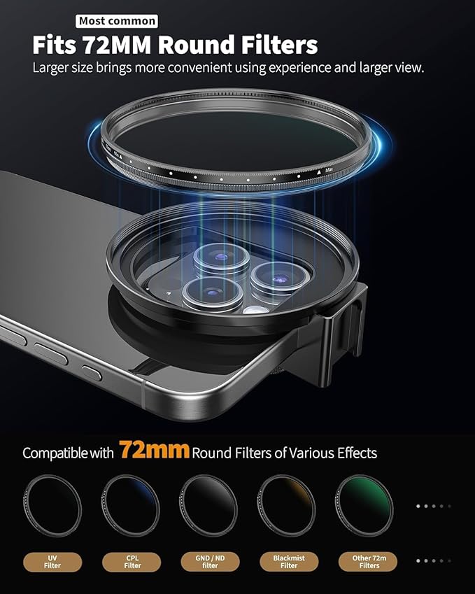 72mm Phone Filter Mount Lens ND Filter Adapter with Cold Shoe Mount, Compatible with 72mm Round Camera Filters, Compatible with iPhone 17 16 15 14 13 12 11 10 Pro Max Plus Samsung Galaxy S24 Ultra
