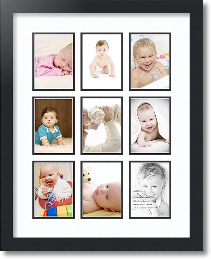 ArtToFrames Collage Photo Frame Double Mat with 9 - 3.5x5 Openings and Satin Black Frame