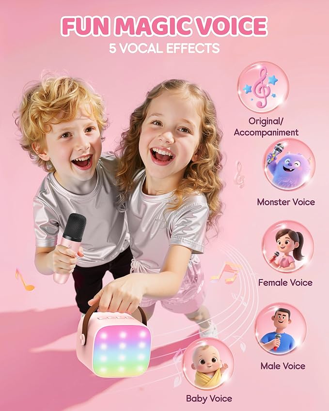 Upgraded Mini Karaoke Machine with 4 Wireless Microphones Toy for Kids, 2026 Top Birthday Gifts for Girls Boys, Portable MP3 Player for Ages 3, 4, 5, 6, 7, 8, 9, 10, 11, 12+ Year Old Party (P-Ink)