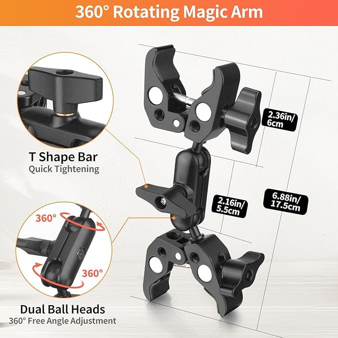 YAYOYA Double Super Clamp Camera Mount, Umbrella Holder Bracket with 360° Ballhead Magic Arm for Pole, Tripod Clamp Mount for Cross Bar, Light Stand, Strollers, Photo Boom Stand, Reflector - CB08