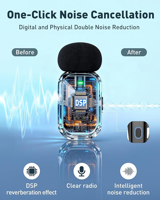 PoP voice Mini Wireless Lavalier Microphone for iPhone 15/16/17 & Android, Lapel Mic with Noise Reduction, 30H Battery Life with Charging Case, Lav Mic for iPhone Vlogging, Video Recording, Podcast