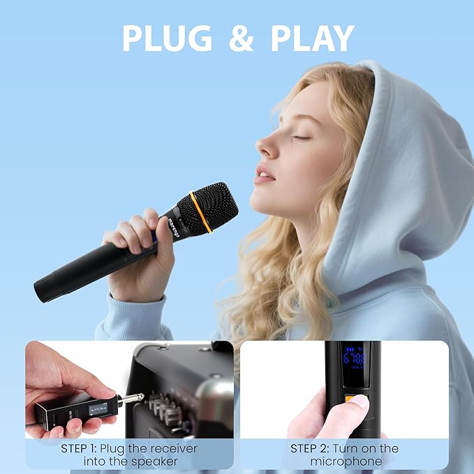 Wireless Microphones, Professional UHF Dual Metal Karaoke Microphone Wireless with Rechargeable Receiver(260 FT), Plug and Play, Handheld Wireless Microphones System for Speaker Speech Wedding Church