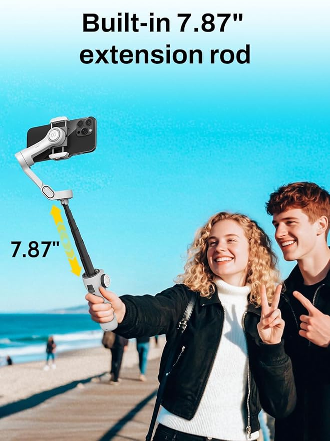 AOCHUAN Gimbal Stabilizer for iPhone & Android, 3-Axis Phone Gimbal with 7.8" Extendable Rod, Magnetic RGB LED Light, 7 Color Temperature, EVA Protective Storage Bag w/Hand Strap, V8 WH& AL20& B30