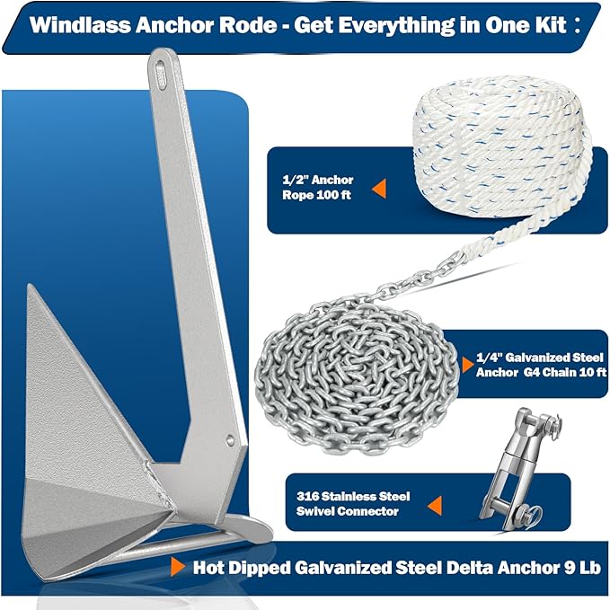 Boat Anchor Kit Galvanized Steel Delta Anchor, HT G4 Short-Link Marine Chain, 3-Strand Nylon Rope, Swivel Connector for Boat Fishing, Sailing18 20 21 22 23 24 25 26 27 28 32 35 38 FT Boats