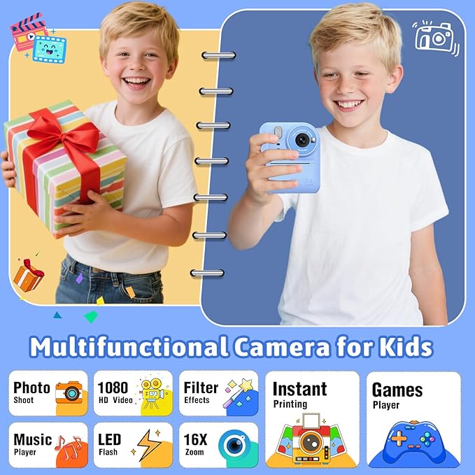 Okaloka Kids Instant Print Camera Toys,1080P HD Toddler Digital Video Camera,Christmas Birthday Gifts for Girls Boys Age 3-12 Year Old - 32G SD Card Included (Blue)