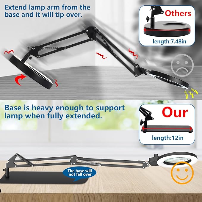 HITTI 12X Magnifying Glass with Light, 2026 New Upgrade Infinite Color and Stepless Dimming Desk Large Lamp & Clamp, 2-in-1 LED Hands Free Lighted Magnifier Stand for Crafting Hobby Soldering Reading