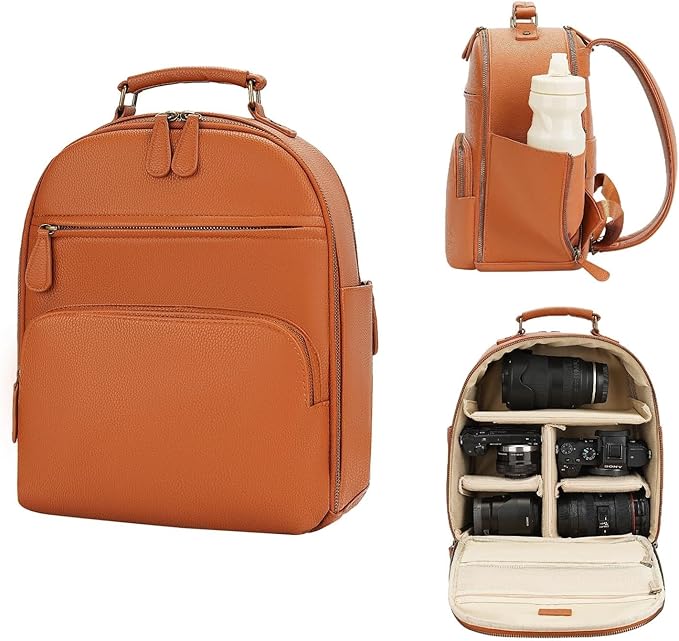 Small Camera Backpack, Classic PU Leather for DSLR, Professional Camera Bag for Photographers with 11 Inch Pad/Tablet Compartment, 10L Brown