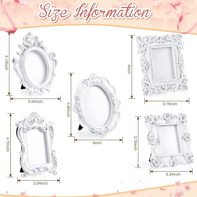 Maitys 15 Pcs Mini Picture Vintage Frames with Stands Tiny Antique Photo Baroque Ornate Resin Oval Frame Table Top Display Home Wedding Decor (White)