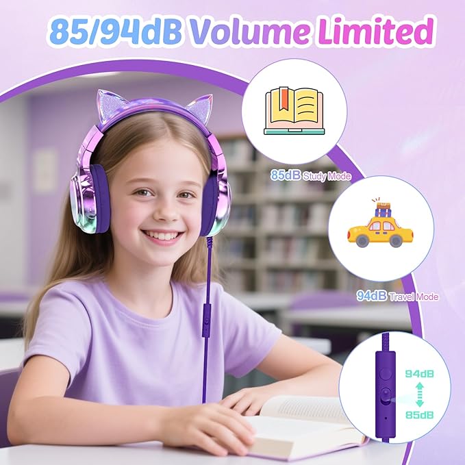 QearFun Kids Cat Ear Headphones with USB C for Girls with Microphone, 85/94dB Safe Volume Limiter, Tangle-Free Cord, Share Port, Foldable Sparkly Wired Headset for School, Travel, Tablet, iPad