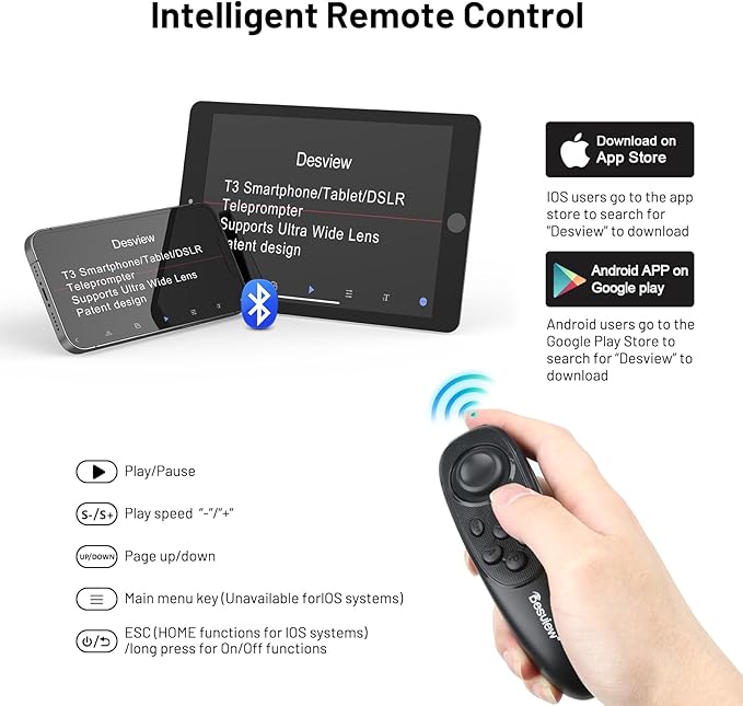 Desview T3 Teleprompter Teleprompter with Remote Control Work with iPad/Tablet/Smartphone up to 10 inch High Display Mirror Support Wide Angle Lens Great Partner for Live Streaming