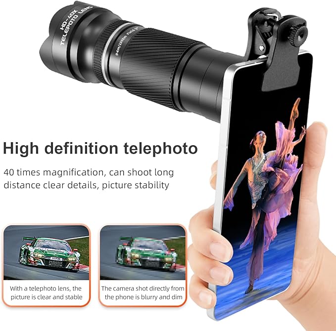 Andoer 40X Zoom Lens with Tripod Phone Telephoto Lens Phone Telescope Phone Camera Lens for Hiking Camping Wildlife Observation Moon Sports Game Concert Watching