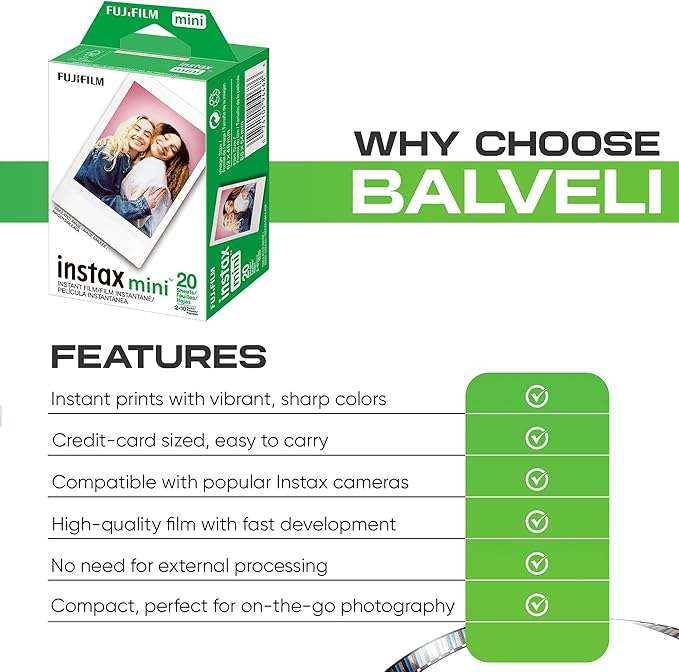 Fujifilm Instax Mini Film - Twin Pack 20 EXP Total, ISO 800, Compatible with Instax Mini Evo, 12, 11, 9 Models, Includes Balveli Premium Microfiber Cleaning Cloth