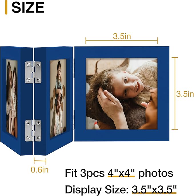 decorUhome Triple 4x4 Picture Frame Vertical, Engineered Wood Trifold Photo Frame with Plexiglass for Tabletop Display, 4x4, Royal Blue