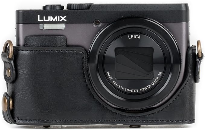 MegaGear MG1258 Ever Ready Leather Camera Case compatible with Panasonic Lumix DC-ZS80, DC-ZS70, DC-TZ95, DC-TZ90 - Black