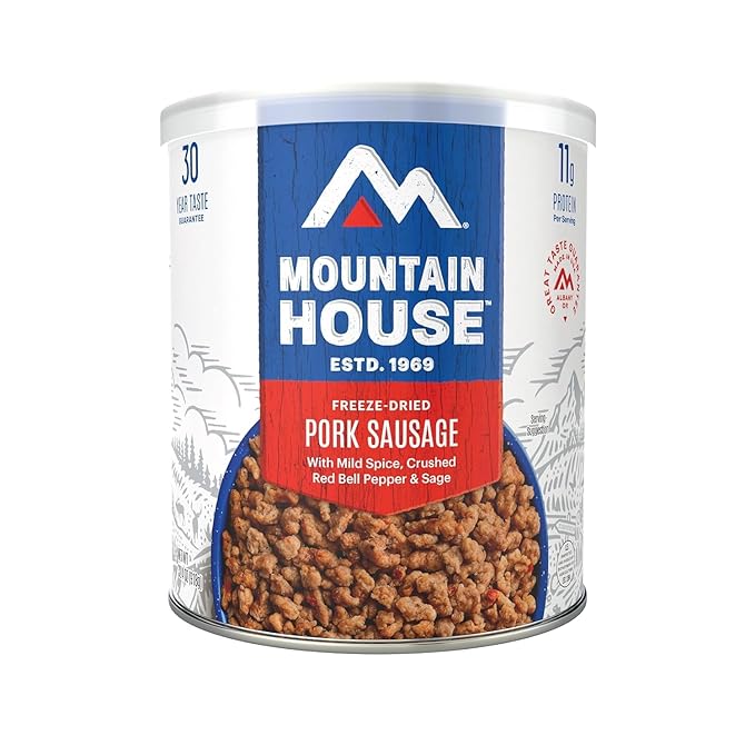 Mountain House Freeze-Dried Pork Sausage #10 Can – 25 Servings per Can – Fully Cooked, Ready-to-Eat Emergency Canned Food Supply – High-Protein Canned Meat for Camping, Hiking, Survival,– 30-Year Taste Guarantee – Made in USA – Pack of 6