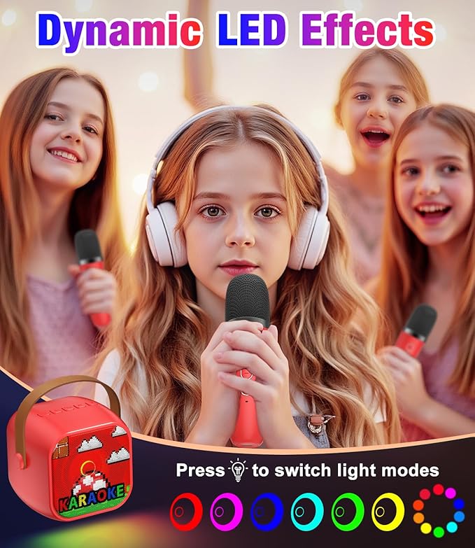 Mini Karaoke Machine, Portable Bluetooth Speaker with 2 Wireless Microphones for Kids & Adults, Karaoke Microphone with LED Lights, Gifts for Girls & Boys_Red