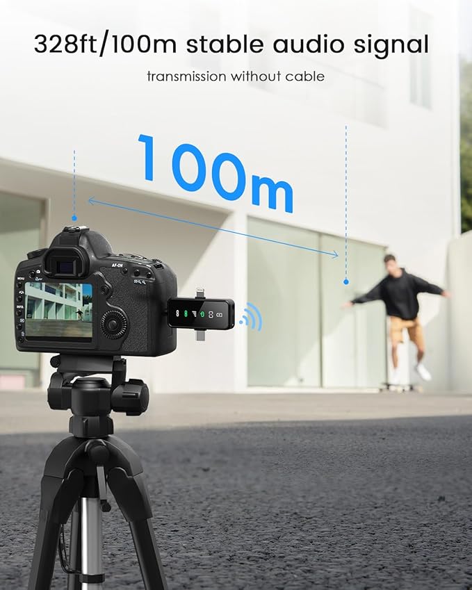 3-in-1 Compact Wireless Microphone for iPhone, Android, Camera: 20H Battery, 328FT Range, Mini Microphone for Video Recording, Noise Canceling for Content Creators(Frosted Black)