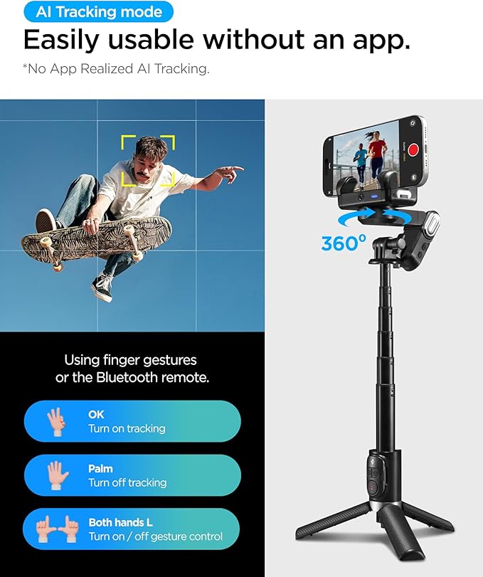 Spigen Gimbal Stabilizer for Smartphone, iPhone Gimbal w/Focus Wheel Face/Object Tracking for Android Foldable 3-Axis Handheld Phone Stabilizer for Video Recording - Black
