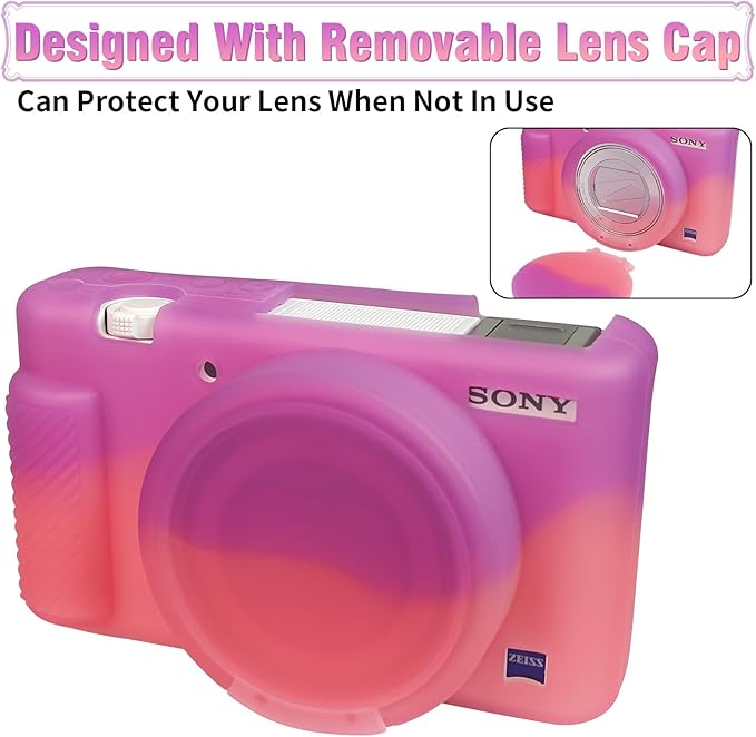 Easy Hood Camera Case for Sony ZV-1, Soft Silicone Cover Camera Sleeve Body Skin Protective Case with Removable Lens Cap for Sony ZV1 Digital Camera, Purple Pink