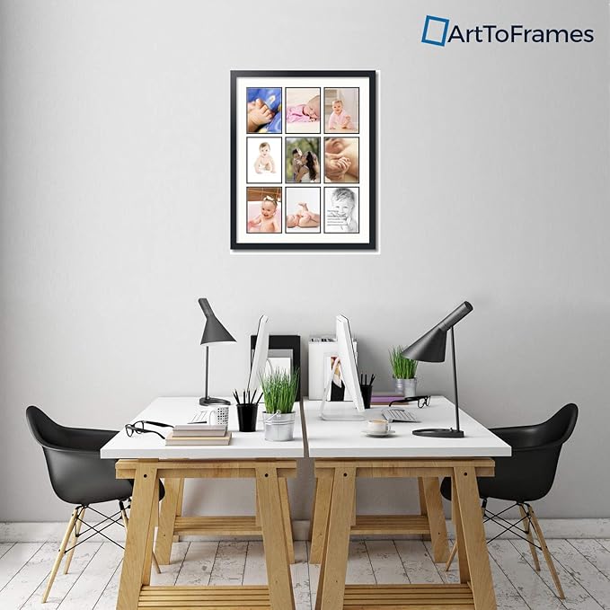 ArtToFrames Collage Photo Frame Double Mat with 9-6x8 Openings with Satin Black Frame and Fabric White mat.