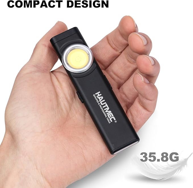 HAUTMEC Slim Flat Flashlight Rechargeable Work Light with USB-C Fast Charging, Pocket Flashlight with Clip, Dual Light, Magnetic Base, 500LM Aluminum LED Torch IP64 Waterproof & Drop-Resistant