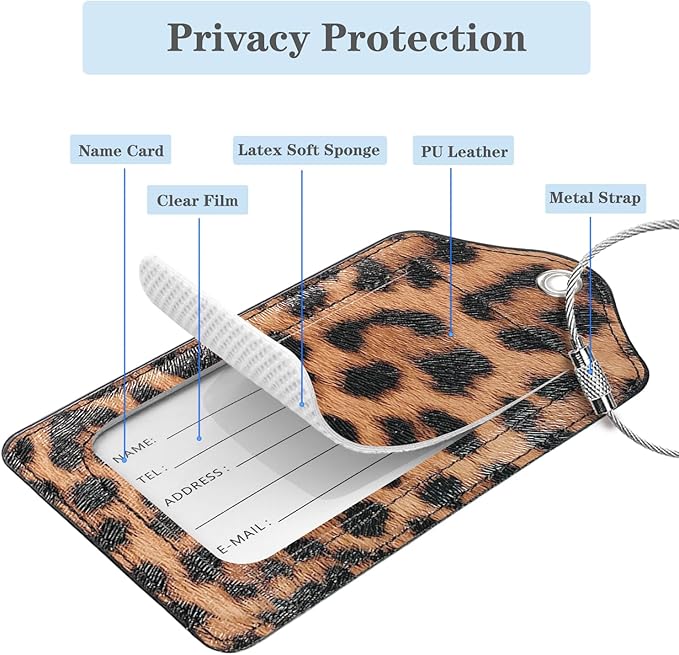 (Set of 2) Luggage Tag Leather Privacy Cover ID Label Address Card with Stainless Steel Loop, Travel Bag Tags Suitcase Labels, Leopard Leather