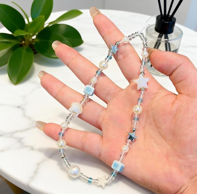 2 Pcs Phone Charm Strap Universal Hand Phone Wrist Strap Camera Lanyard Pearl Beaded Cute Chain String Accessories Universal for iPhone 17 16 Pro Max Samsung Women Girls Keychain Brown and White Star