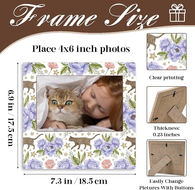 Pet Lover Picture Frame 4x6 Pink Vintage Cat Pattern, Cute Decorative Photo Frame for Animal Owners, Desktop Tabletop Display Stand, Unique Home Decor Accent Gift for Cat Mom
