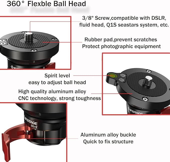 IFOOTAGE Camera Leveler Tripod Base QL-I,with 3/8" Thread,Aluminum Alloy Buckle Quick Adjust Ball Head,Bubble Spirit Level,Tilt 15° Degree 360 Pan Movement,for DSLR,Cannon,Nikon,Sony